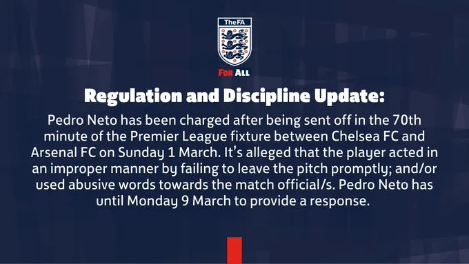 kaiyun-英足总官方：指控切尔西边锋内托红牌后出言不逊+未及时离场